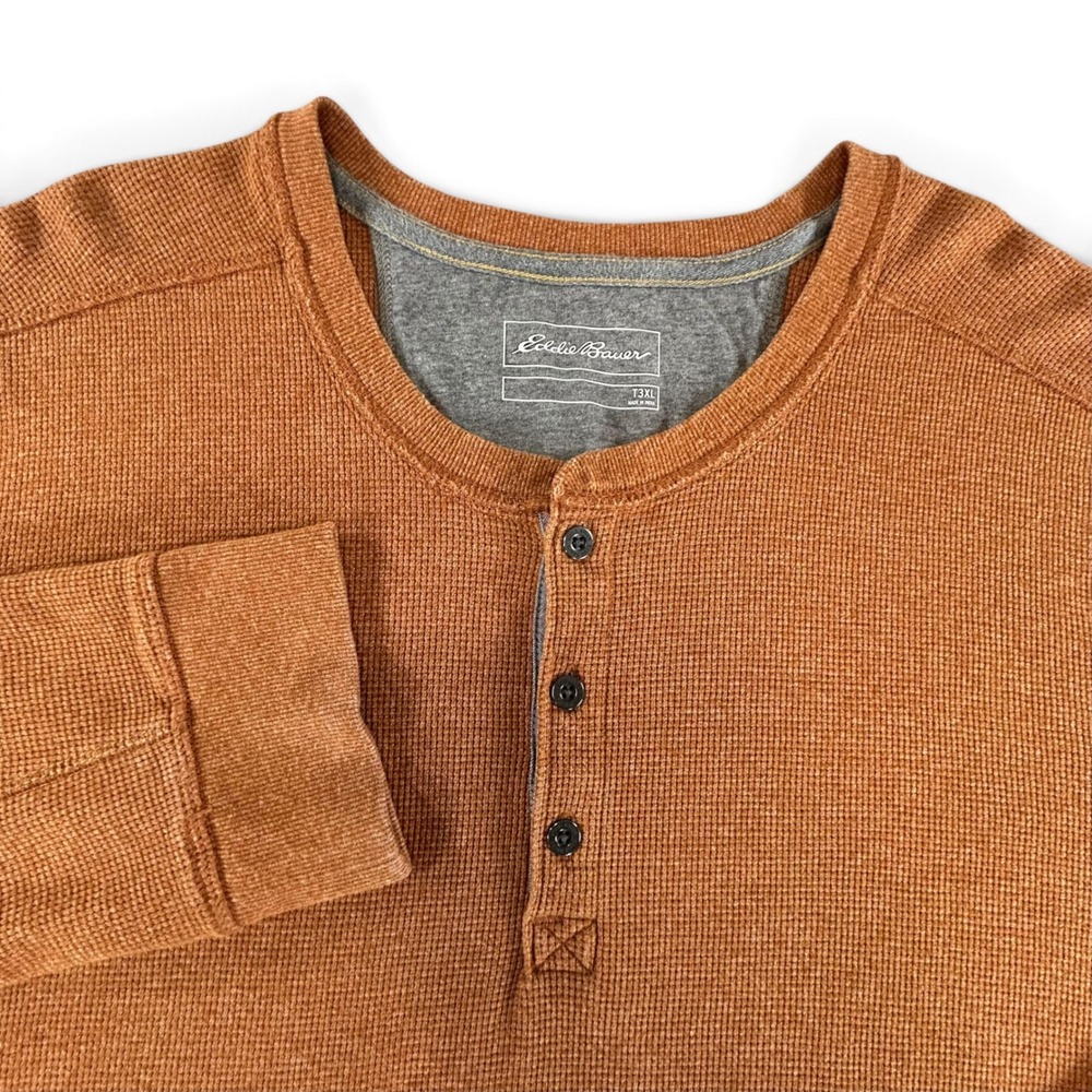 Eddie Bauer Mens T3XL Henley Shirt Rust Orange Waffle Knit Thermal Long Sleeve